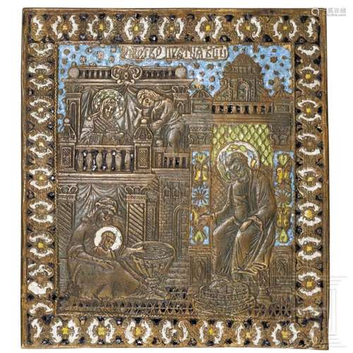 A Russian bronze icon showing the Nativity of the Mother of ...