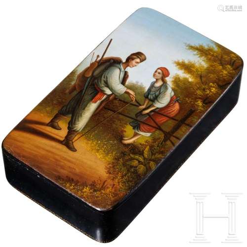 A Russian pâpier maché and lacquer box with peasant couple, ...