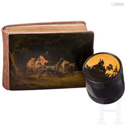 A Russian papier mâché and lacquer photo album and tea caddy...