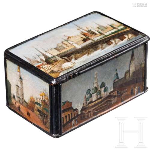 A rare papier mâché and lacquer box with overleaf painting s...