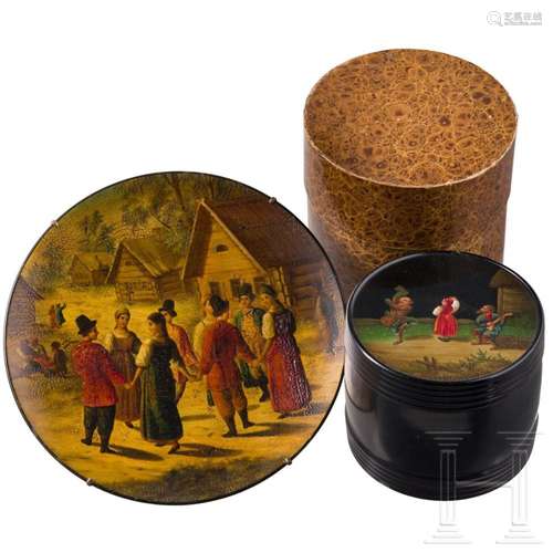 A papier mâché and lacquer plate and tea caddy with original...