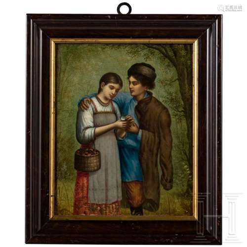 A large lacquer plaque with peasant couple, probably Lukutin...