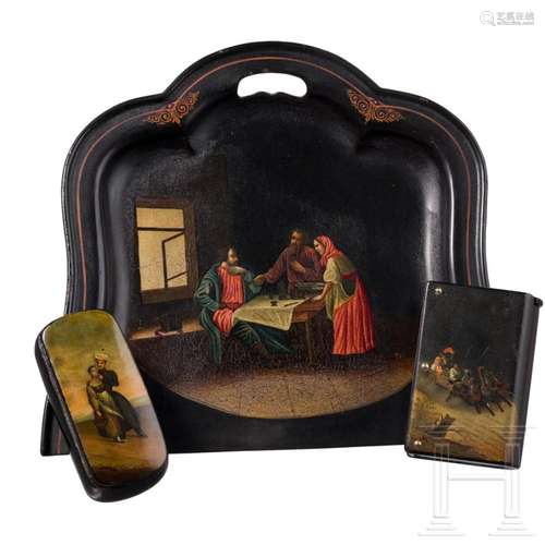 A Russian papier mâché and lacquer cigarette case, box and c...