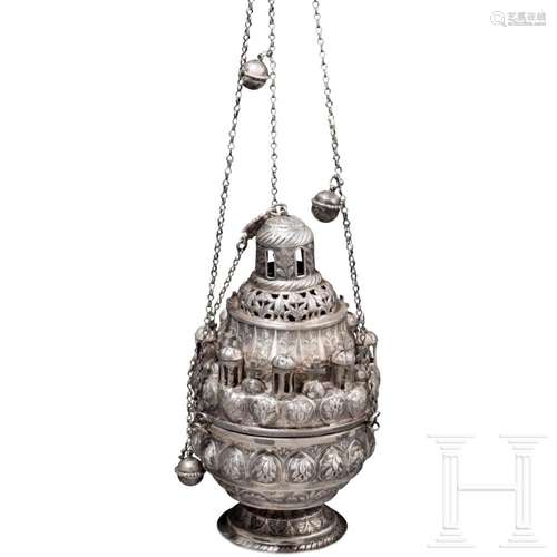 A silver incense burner (sanctuary lamp), probably 19th cent...