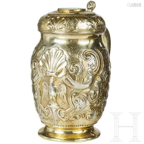 A large Russian silver-gilt lid tankard with coin of Peter I...