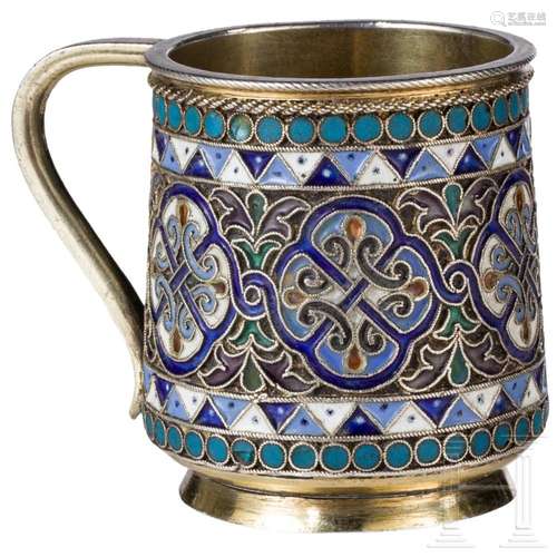 A Russian silver-gilt cloisonné-enamel cup (vodka beaker), M...