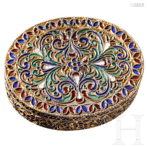 A Russian silver-gilt enamel pill box, St. Petersburg, Grigo...