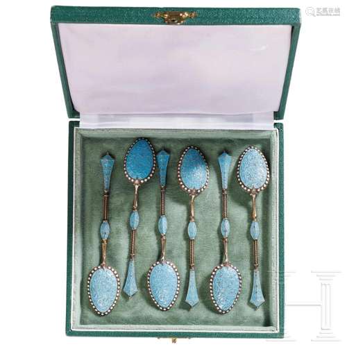 Six Swedish silver-gilt and enamelled tea spoons, circa 1910