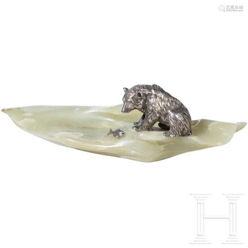 A silver bear sitting on a jadeit bowl, Moscow, Fedor Lorie,...