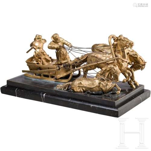 A gilded bronze sculpture "Wolves Attacking Troika"...