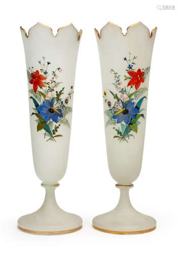 A PAIR OF FROSTED BOHEMIAN FLORAL VASES, 19TH CENTURY
