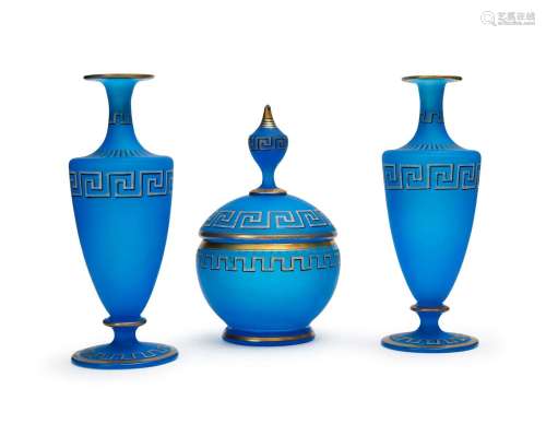 THREE "GREEK" STYLE FROSTED BOHEMIAN VASES, 19TH C...
