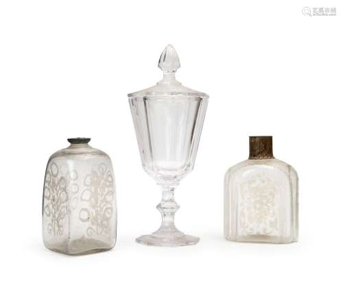 TWO CRYSTAL DECANTERS & A LIDDED GOBLET, 19TH CENTURY