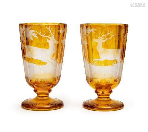 TWO AMBER BOHEMIAN GLASS BEAKERS, DEPICTING HUNTING SCENES, ...