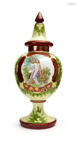 A LARGE FLORAL OPALINE PORTRAIT LIDDED VASE, 19TH CENTURY, F...