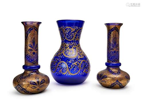 THREE GILT BLUE GLASS VASES, 19TH CENTURY