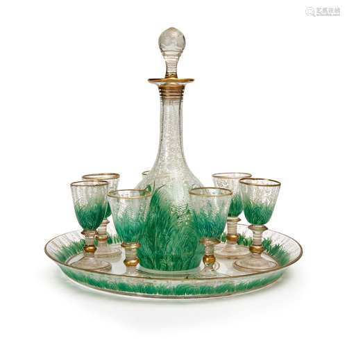 A FLORAL DECANTER SET FOR SEVEN, PROBABLY MOSER, 19TH CENTUR...