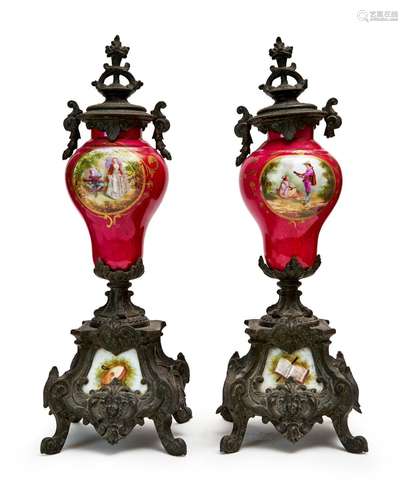 A PAIR OF BRONZE AND PORCELAIN VASES, FRENCH