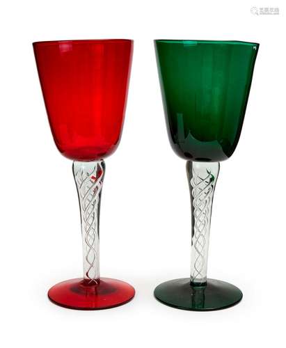 A LARGE PAIR OF SWIRL GLASS GOBLETS