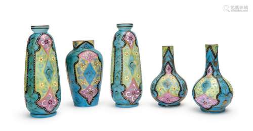 FIVE HEAVILY ENAMELLED OPALINE BOTTLES