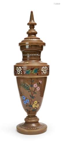 A FLORAL LIDDED OPALINE VASE, POSSIBLY BACCARAT, 19TH CENTUR...