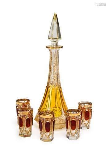 A SET OF FIVE BOHEMIAN SHOT GLASSES WITH DECANTER, MOSER, 19...