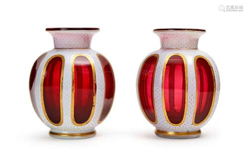 A PAIR OF BOHEMIAN POT FORM VASES, 19TH CENTURY