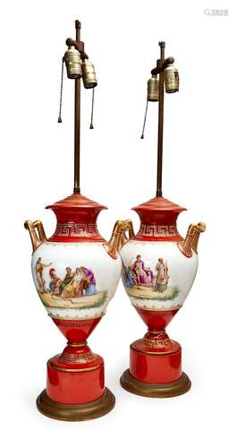 A PAIR OF "GREEK" STYLE VASES MOUNTED AS LAMPS, 19...