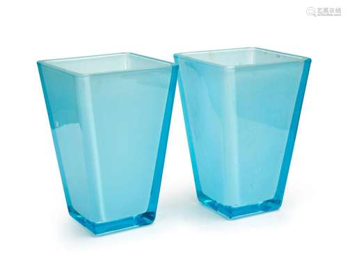 A PAIR OF BLUE CUBE SHAPED ICE BUCKETS