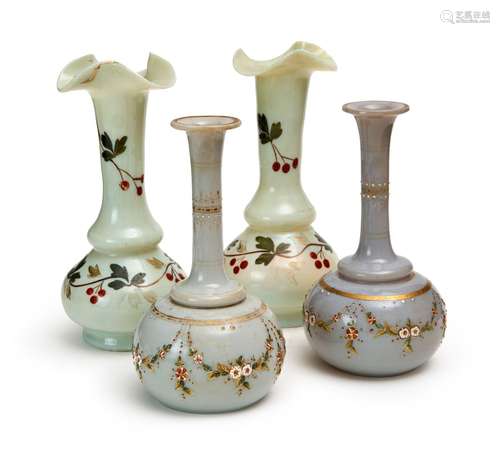 TWO PAIRS OF FLORAL OPALINE VASES, 19TH CENTURY, FRANCE