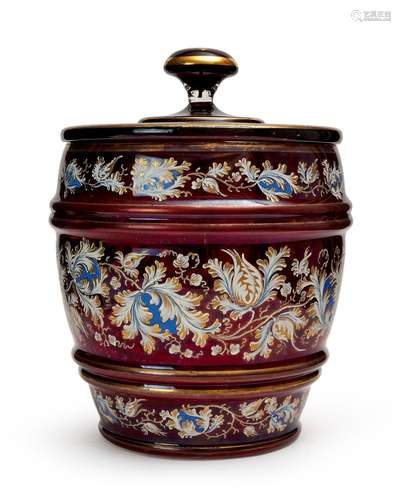 A LARGE FLORAL CRANBERRY GLASS LIDDED PUNCH JAR, 19TH CENTUR...