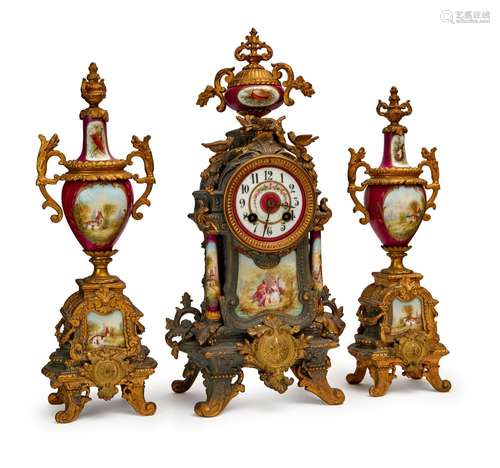 A PORCELAIN & BRONZE MOUNTED CLOCK GARNITURE, FRANCE, PR...