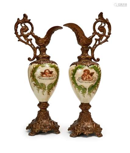 A PAIR OF OPALINE BRONZE MOUNTED EWERS, 19TH CENTURY