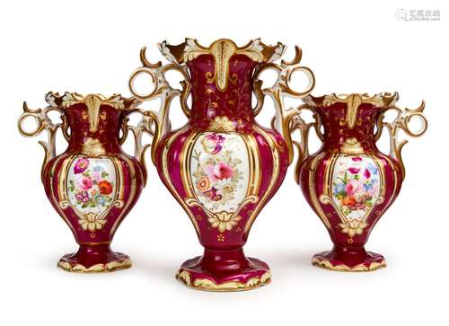 A PORCELAIN GARNITURE, PROBABLY BY H&R DANIEL, 19TH CENT...