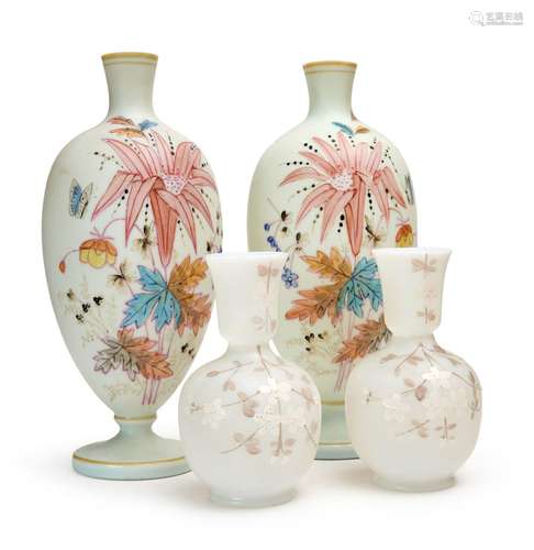 TWO PAIRS OF FLORAL OPALINE VASES, 19TH CENTURY, FRANCE