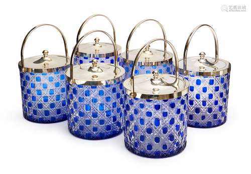 A SET OF SIX BLUE & CLEAR CRYSTAL CUT BISCUIT BARRELS