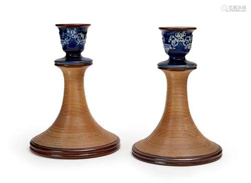 A PAIR OF STONEWARE CANDLESTICKS, PROBABLY ROYAL DOULTON