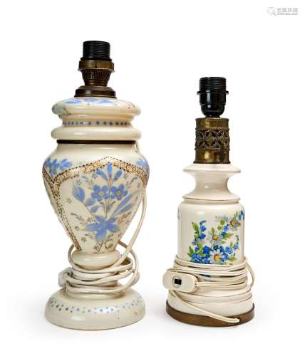TWO OPALINE HANDPAINTED VASES CONVERTED TO LAMPS. 19TH CENTU...