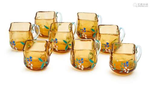 A SET OF EIGHT AMBER HANDPAINTED DRINKING GLASSES