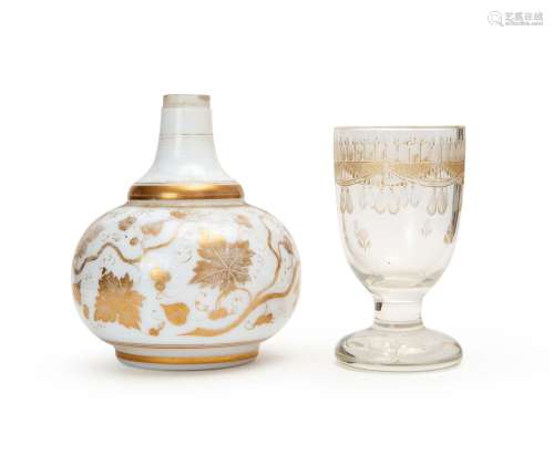 A GILT CRYSTAL GOBLET & A SCENT BOTTLE, 19TH CENTURY