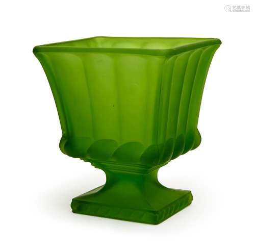 A FROSTED FOOTED GREEN GLASS VASE
