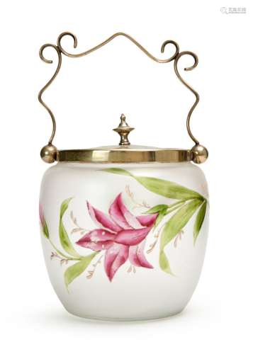 A HANDPAINTED BISCUIT BARREL ON WHITE METAL MOUNTS