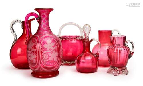 ASSORTMENT OF CRANBERRY GLASS OBJECTS, COMPROMISING EWERS &a...