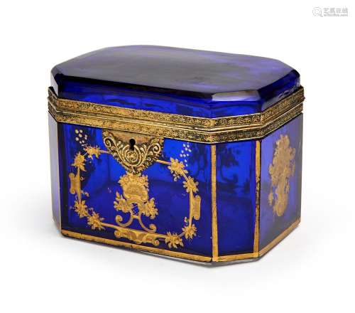 A GILT DECORATED BLUE BOHEMIAN BOX, 19TH CENTURY