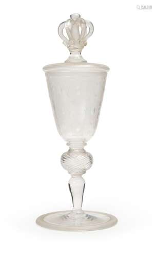 AN ENGRAVED ARMORIAL CRYSTAL LIDDED GOBLET, PROBABLY 18TH/19...