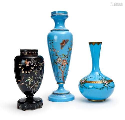 THREE OPALINE HAND PAINTED VASES, 19TH CENTURY, PROBABLY BAC...