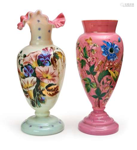 TWO FLORAL OPALINE VASES, 19TH CENTURY