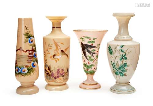 FOUR DECORATED OPALINE VASES