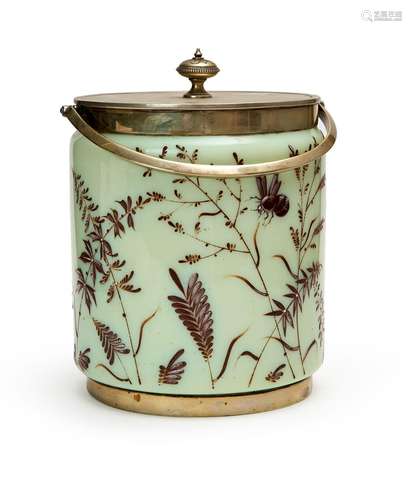 A HAND PAINTED OPALINE BISCUIT BARREL ON WHITE METAL MOUNTS