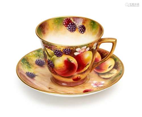 A ROYAL WORCESTER FRUIT HAND PAINTED CUP & SAUCER